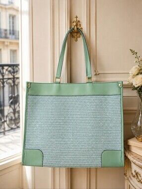Anna Paola Genuine Leather Mint Green Woven Tote Bag